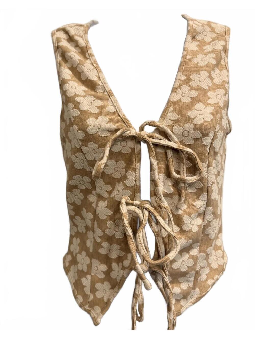 Beige Floral Jacquard Sleeveless Tie-Front Vest Top